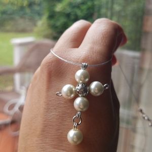 Off White Faux Pearl Cross Choker Necklace on Wire - Handmade NWT